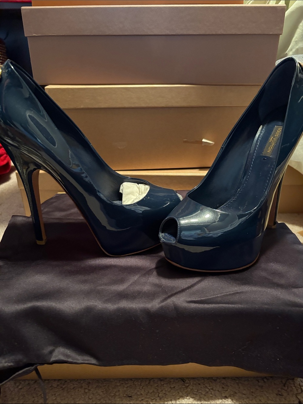 Louis Vuitton Navy Patent Leather Peep-Toe Platform Heels with Gold Accent - Picture 2 of 2